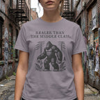 Bigfoot graphic and text "REALER THAN THE MIDDLE CLASS." on a t-shirt.