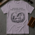 White t-shirt with unicorn graphic and text "RealER THAN THE MIDDLE CLASS."