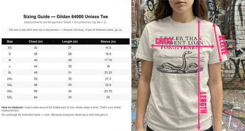 Gildan 64000 Unisex Tee sizing guide with chest, length, and sleeve measurements.