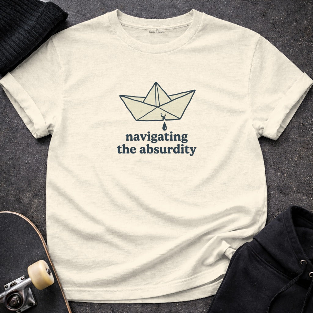 Navigating the absurdity origami boat graphic tee