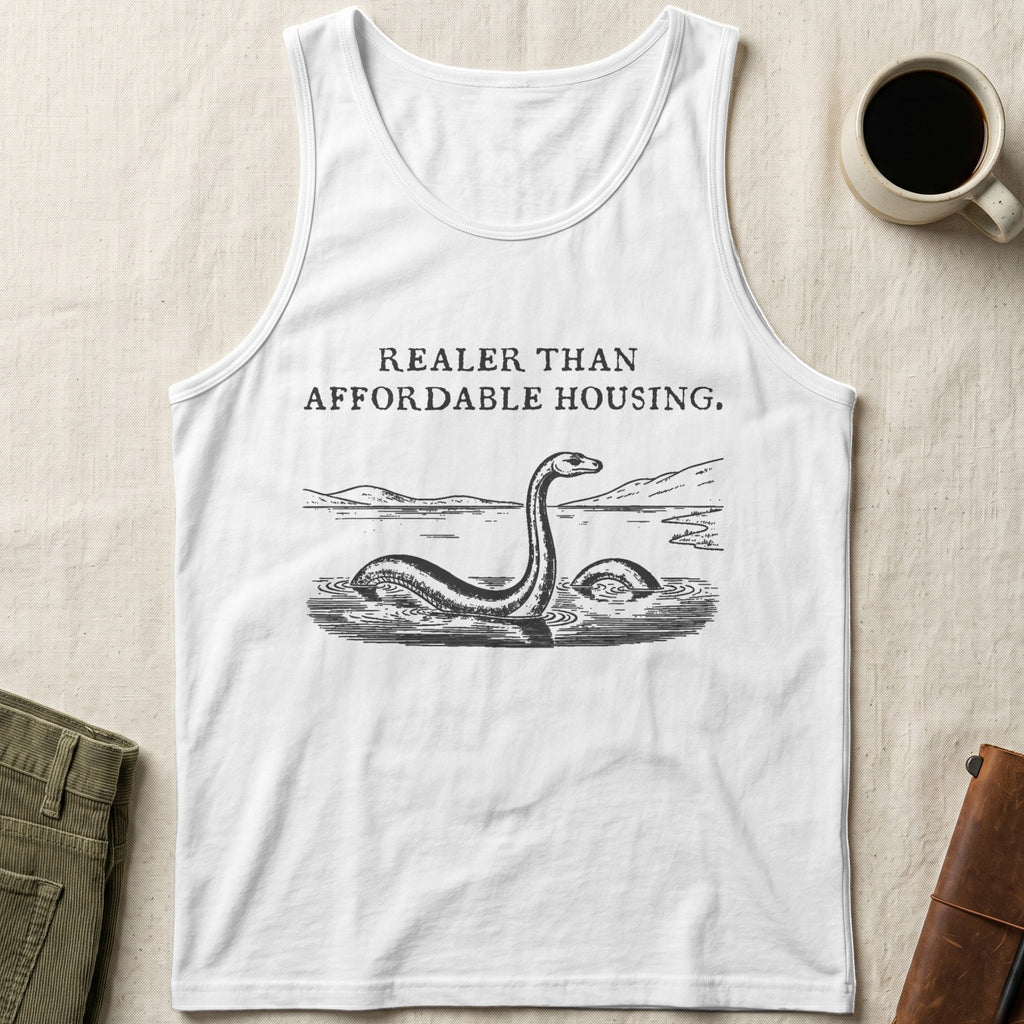 White tank top with Loch Ness Monster graphic and text "Realer than affordable housing."