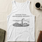 White tank top with Loch Ness Monster graphic and text "Realer than affordable housing."