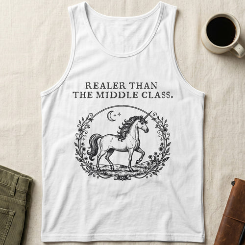 White tank top with "Realer Than the Middle Class." text and unicorn graphic.