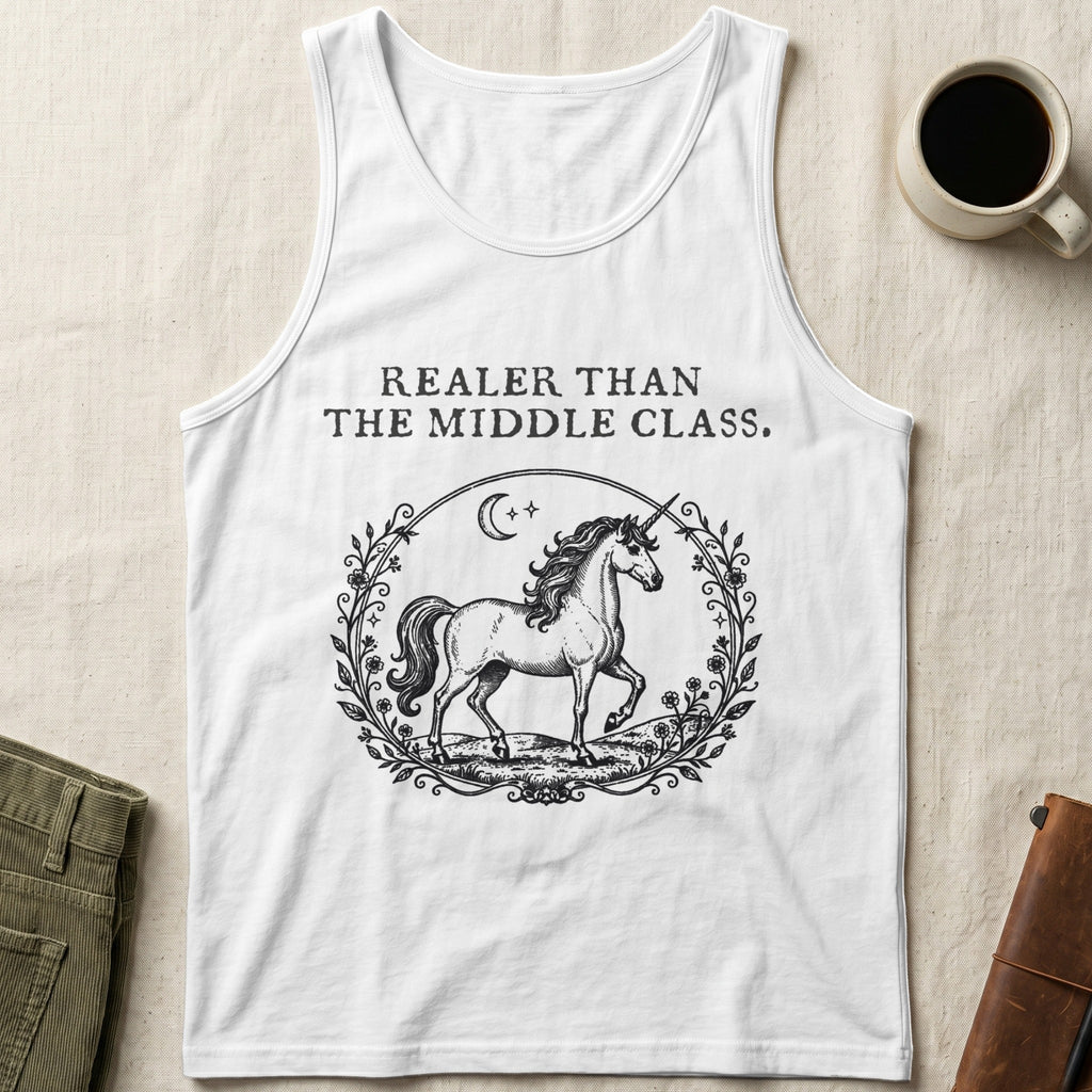 White tank top with "Realer Than the Middle Class." text and unicorn graphic.