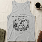 Grey tank top with unicorn in wreath, "RealER THAN RETIREMENT SECURITY."