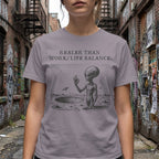 Alien in crater with text "REALER THAN WORK/LIFE BALANCE."