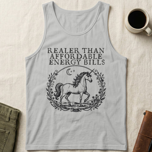 Grey tank top with unicorn and moon design, "Real things than affordable energy bills" text.