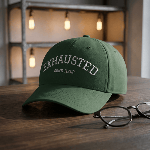 Printify Hats One size / Dark Green Exhausted Send Help Baseball Cap