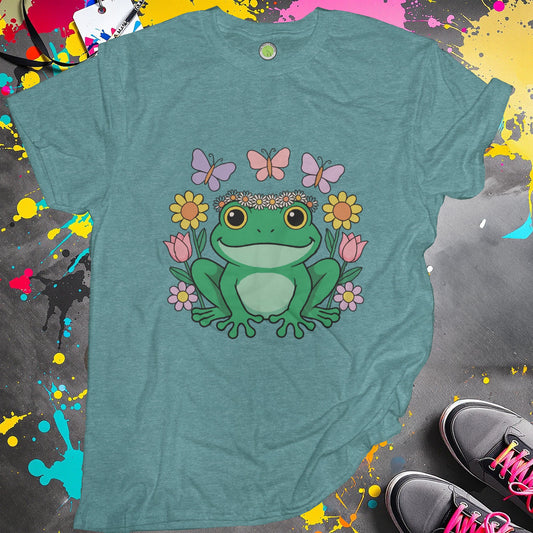 Colorful frog floral design on teal T-shirt product