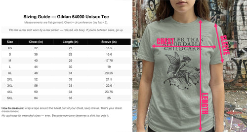 Gildan 64000 sizing chart with measurement instructions next to a t-shirt.