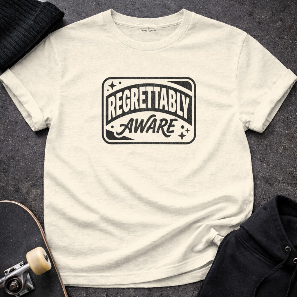 Regrettably Aware Humorous Graphic T-Shirt product type
Graphic tee
Regrettably Aware
Awareness shirt
Humor tee
Funny shirt
Statement tee
Quote shirt
Text design
Typography shirt
Sarcastic tee
Unique graphic
Casual wear
Everyday apparel
Novelty tee
Retro style
Box graphic
Star design
Trendy shirt
Fashion top
Pop culture tee