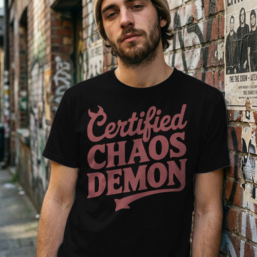 Black t-shirt with "Certified Chaos Demon" text.