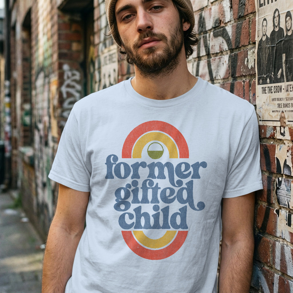 White t-shirt with "former gifted child" text and rainbow graphic.