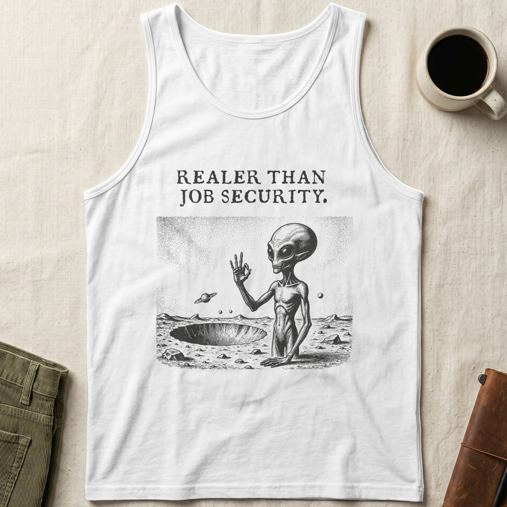 White tank top with "Realer Than Job Security" text and alien graphic.