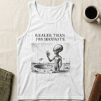 White tank top with "Realer Than Job Security" text and alien graphic.