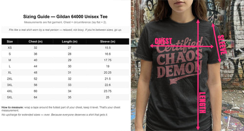 Gildan 64000 Unisex Tee sizing guide with chest and length measurements.