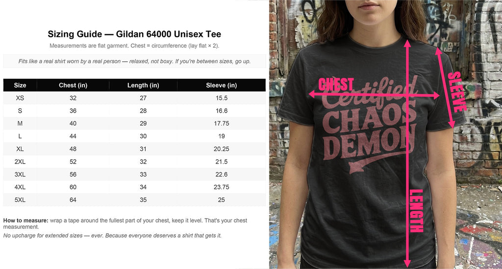 Gildan 64000 Unisex Tee sizing guide with chest and length measurements.