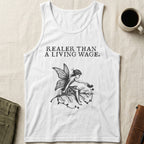 White tank top with "Realor Than A Living Wage." text and a fairy graphic.