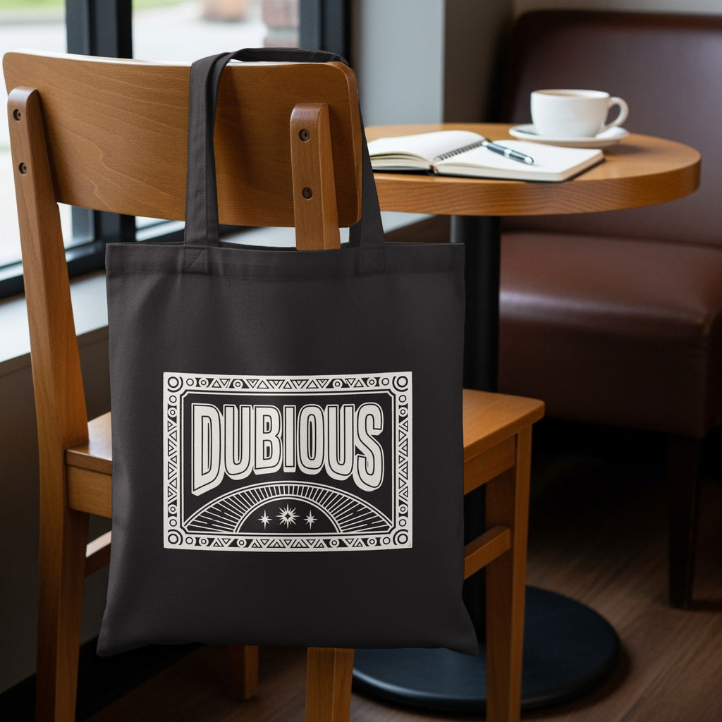 DUBIOUS word art design black carryall product type
dubious tote, dubious design, black tote bag, graphic tote, word art bag, statement bag, unique tote, carryall bag, stylish accessory, everyday carry, shopping tote, reusable bag, fashion tote, gift bag idea, college tote, book bag, shoulder tote, custom print, quirky design, modern tote