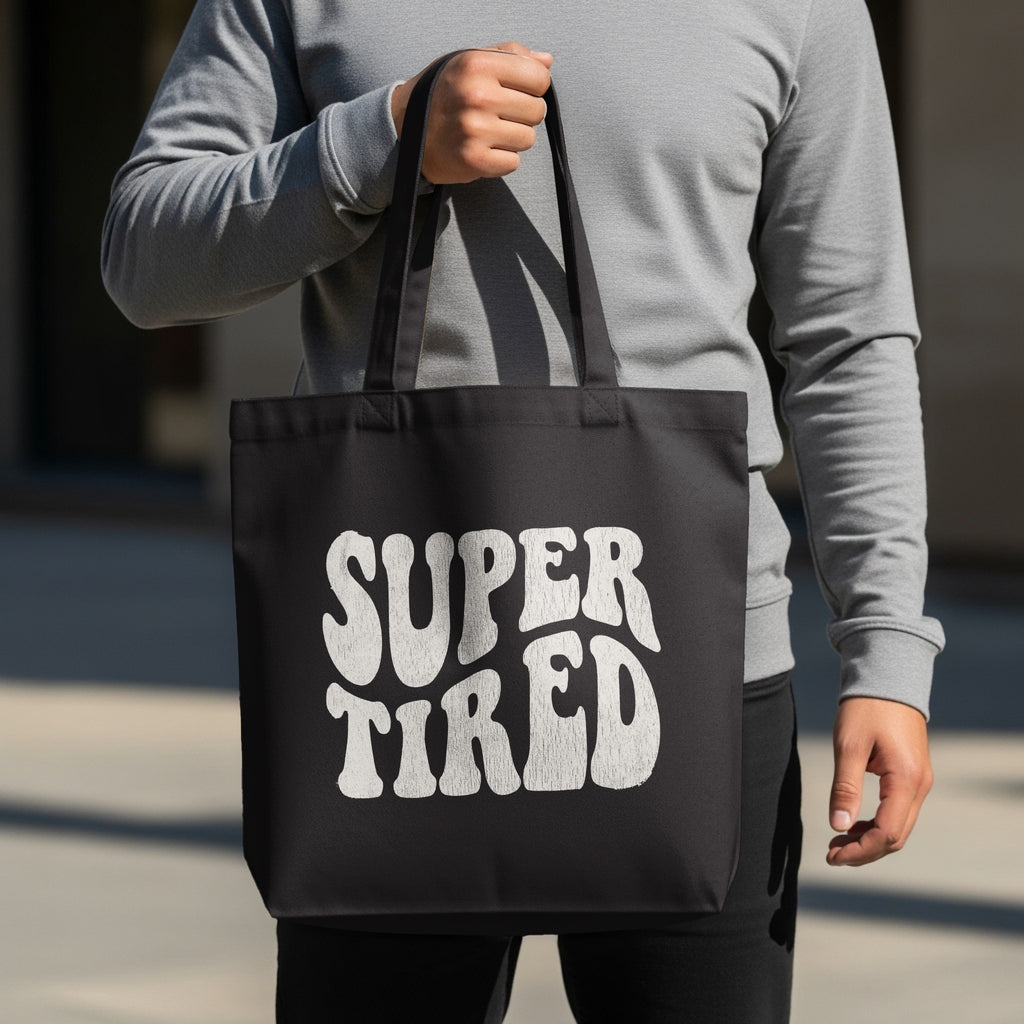SUPER TIRED Black Graphic Tote Bag product type