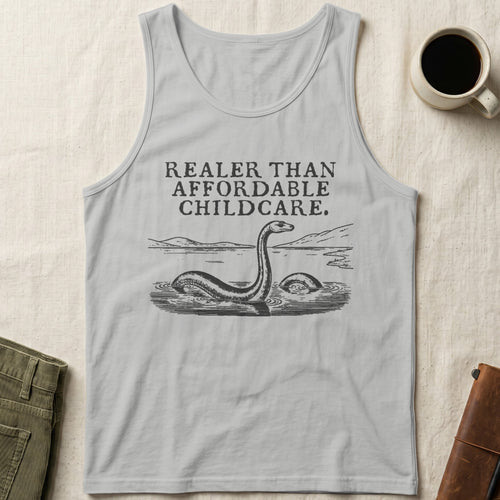 Tank top with Loch Ness Monster graphic and text "Realder Than Affordable Childcare."