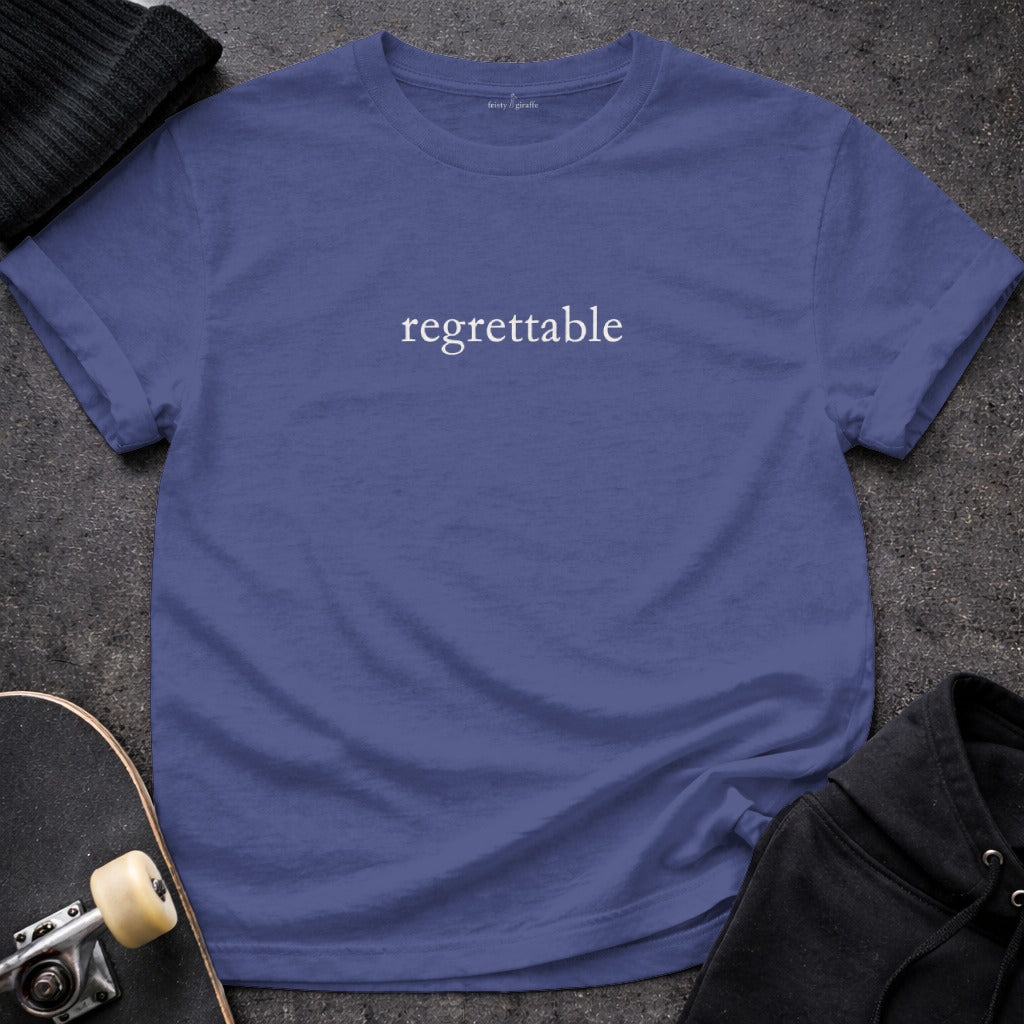 Regrettable Blue Feisty Giraffe Graphic product type
T-shirt, Graphic tee, Regrettable, Blue shirt, Indigo tee, Statement shirt, Crew neck, Short sleeve, Unisex shirt, Casual wear, Aesthetic tee, Streetwear, Feisty giraffe, Printed top, Sarcastic shirt, Witty design, Everyday shirt, Comfortable tee, Dark blue top, Apparel