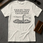 White t-shirt with "Realer Than Affordable Childcare" and Loch Ness Monster graphic.