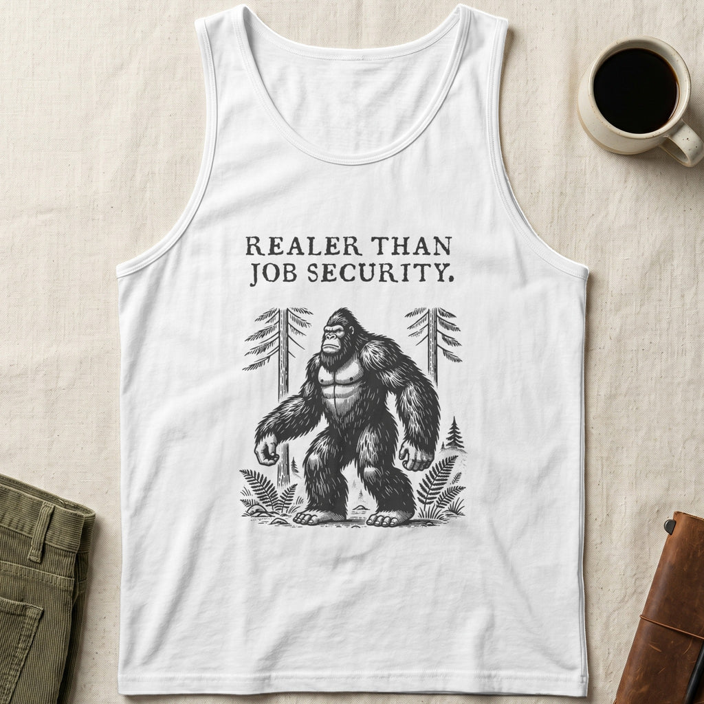 White tank top with Bigfoot graphic and text "Realer Than Job Security."