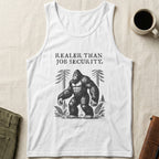 White tank top with Bigfoot graphic and text "Realer Than Job Security."