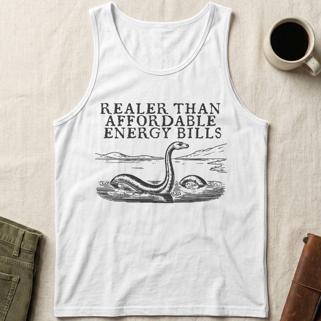 White tank top with a graphic of the Loch Ness Monster and text "Realer Than Affordable Energy Bills".