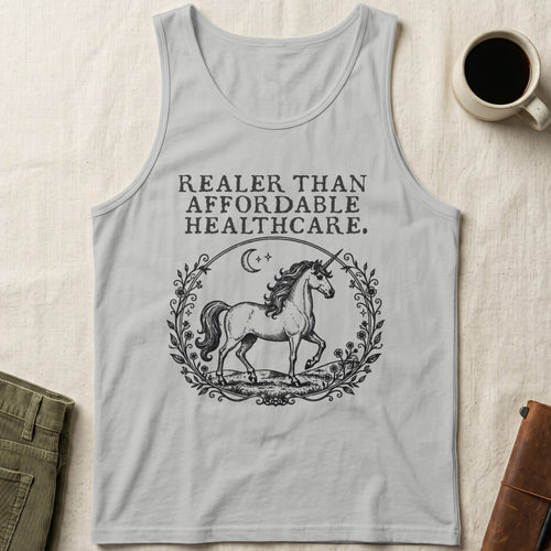 Tank top with unicorn illustration and text "Realer Than Affordable Healthcare."