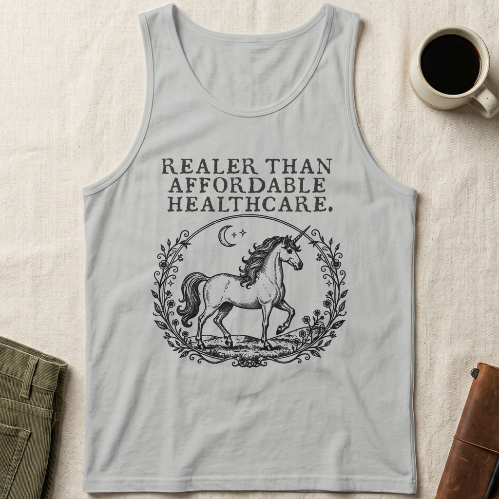 Tank top with unicorn illustration and text "Realer Than Affordable Healthcare."