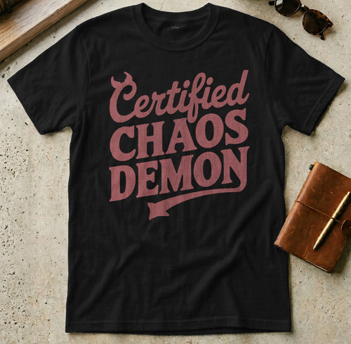 Black t-shirt with "Certified Chaos Demon" in pink, distressed text.