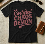 Black t-shirt with "Certified Chaos Demon" in pink, distressed text.