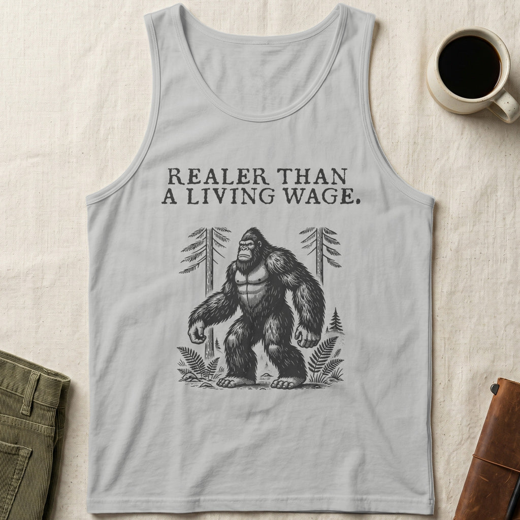 Bigfoot standing in forest with "Realer Than A Living Wage" text above.