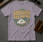 Lavender t-shirt with "Expecting the Worst" text and cartoon cloud.