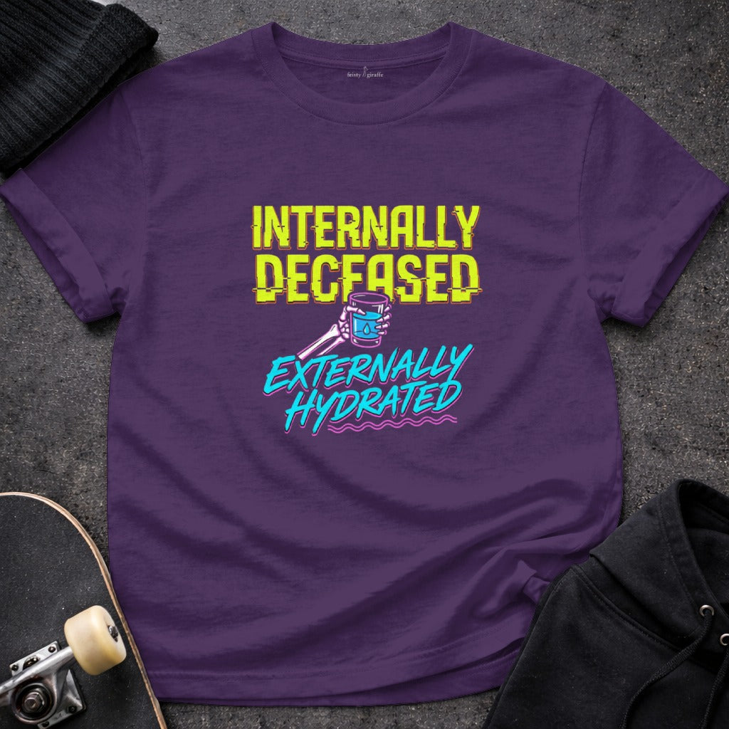 INTERNALLY DECEASED EXTERNALLY HYDRATED product type
internally deceased
externally hydrated
skeletal hand
water glass
funny saying
humor shirt
sarcasm print
dark humor
quirky graphic
meme tee
skeleton art
hydration humor
unique design
graphic tee
purple shirt
drink water
cool apparel
pop culture
quote shirt
casual wear