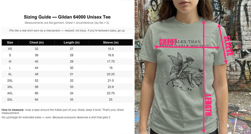 T-shirt sizing guide with measurement chart and graphic of woman holding orb.