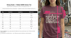 Gildan 64000 unisex tee sizing chart with "DEEPLY UNWELL" graphic.