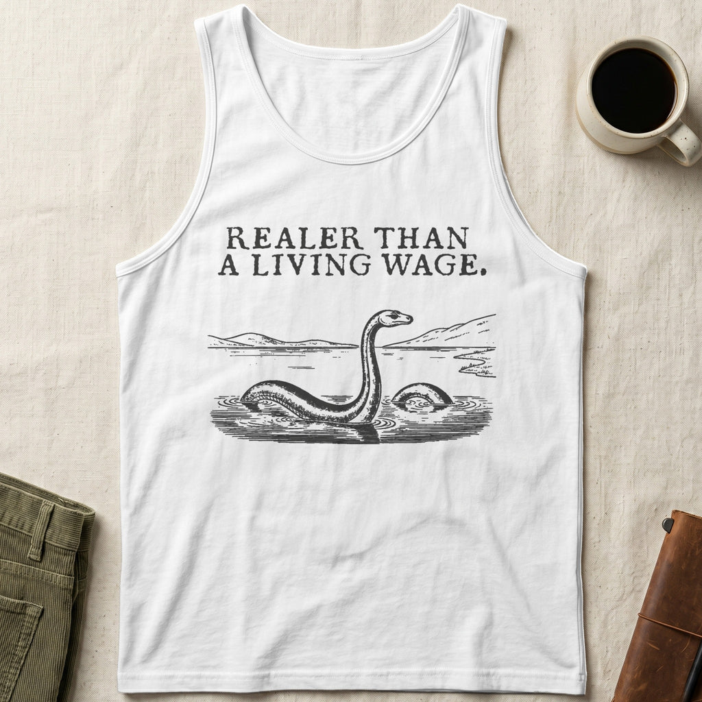 White tank top with "Realist Than a Living Wage" and Loch Ness Monster graphic.
