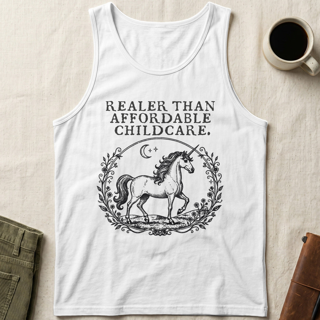 White tank top with unicorn and moon graphic and text "REALER THAN AFFORDABLE CHILDCARE."