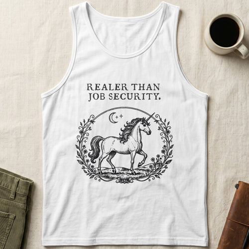 White tank top with unicorn design and text "Realer Than Job Security."