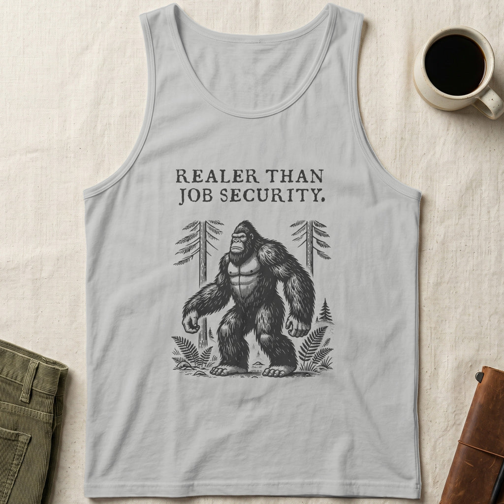 Grey tank top with Bigfoot illustration and "Realer Than Job Security" text.