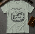 Cream t-shirt with a unicorn graphic and text "Realder than the Middle Class."