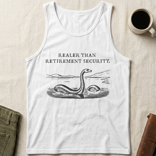 White tank top with "Realer Than Retirement Security" and Loch Ness Monster graphic.
