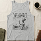 Alien in crater gesturing "ok" with "Real Health Care" text above.