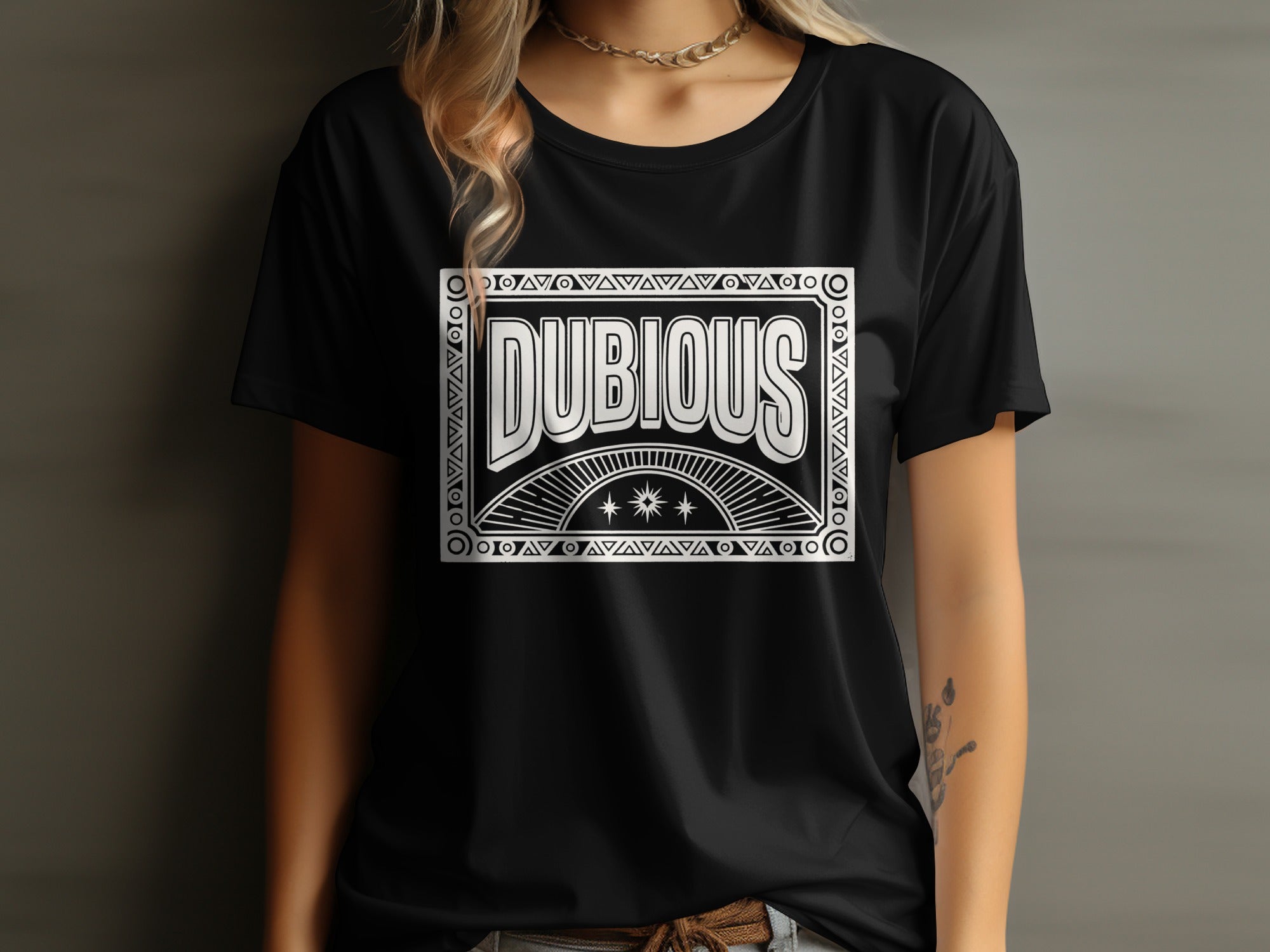 Dubious Text Sunburst Stars Design Black product type