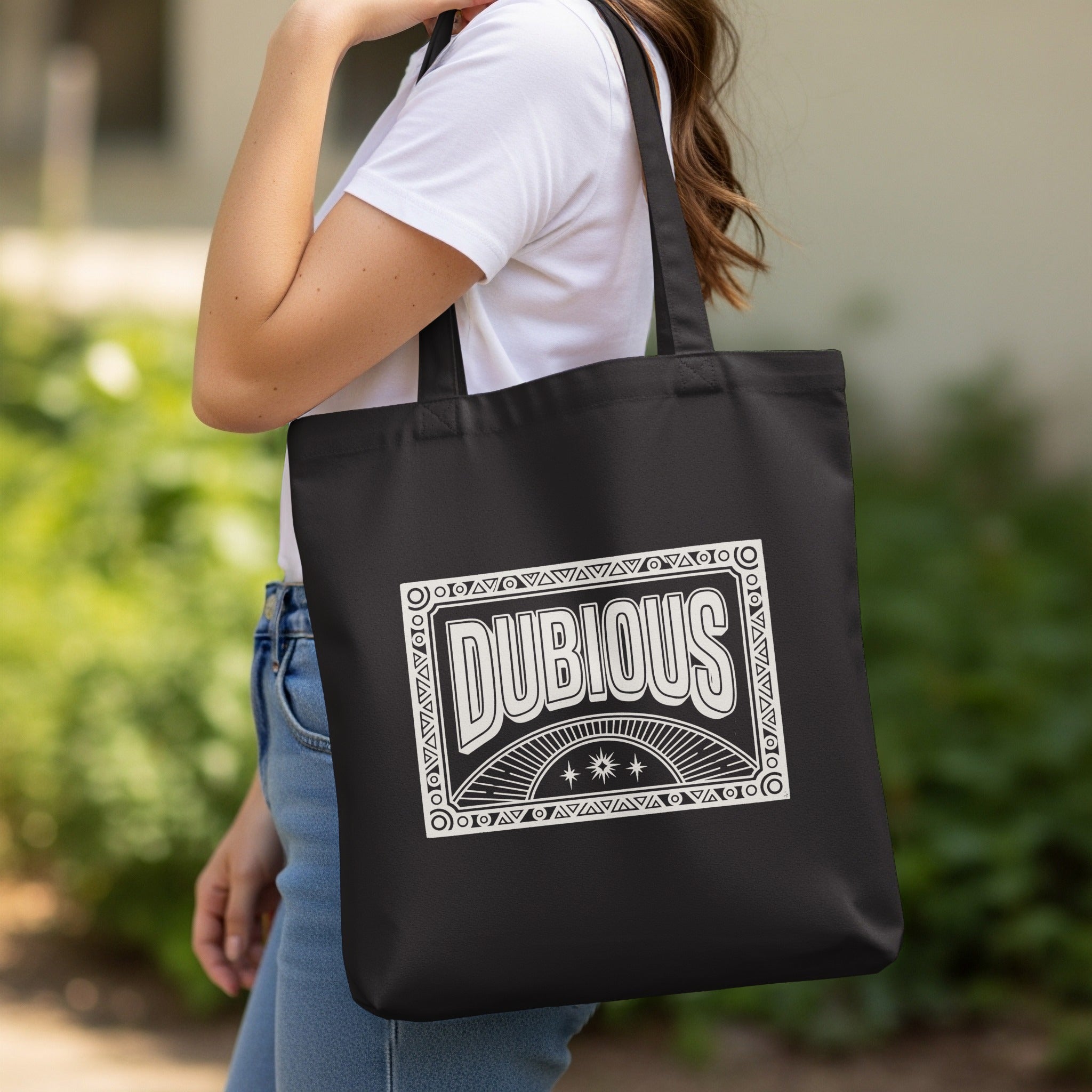 Dubious Graphic Black Tote Carryall product type
Dubious bag
Dubious tote
Graphic tote
Black tote
Statement bag
Everyday carry
Shoulder bag
Reusable bag
Shopping bag
Word art bag
Text print tote
Unique design
Stars graphic
Geometric pattern
Stylish tote
Fashion accessory
Gift idea
Printed bag
Tote carryall
Vintage aesthetic