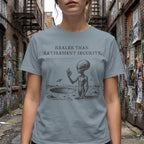 Grey t-shirt with alien on moon, text "REALER THAN RETIREMENT SECURITY."