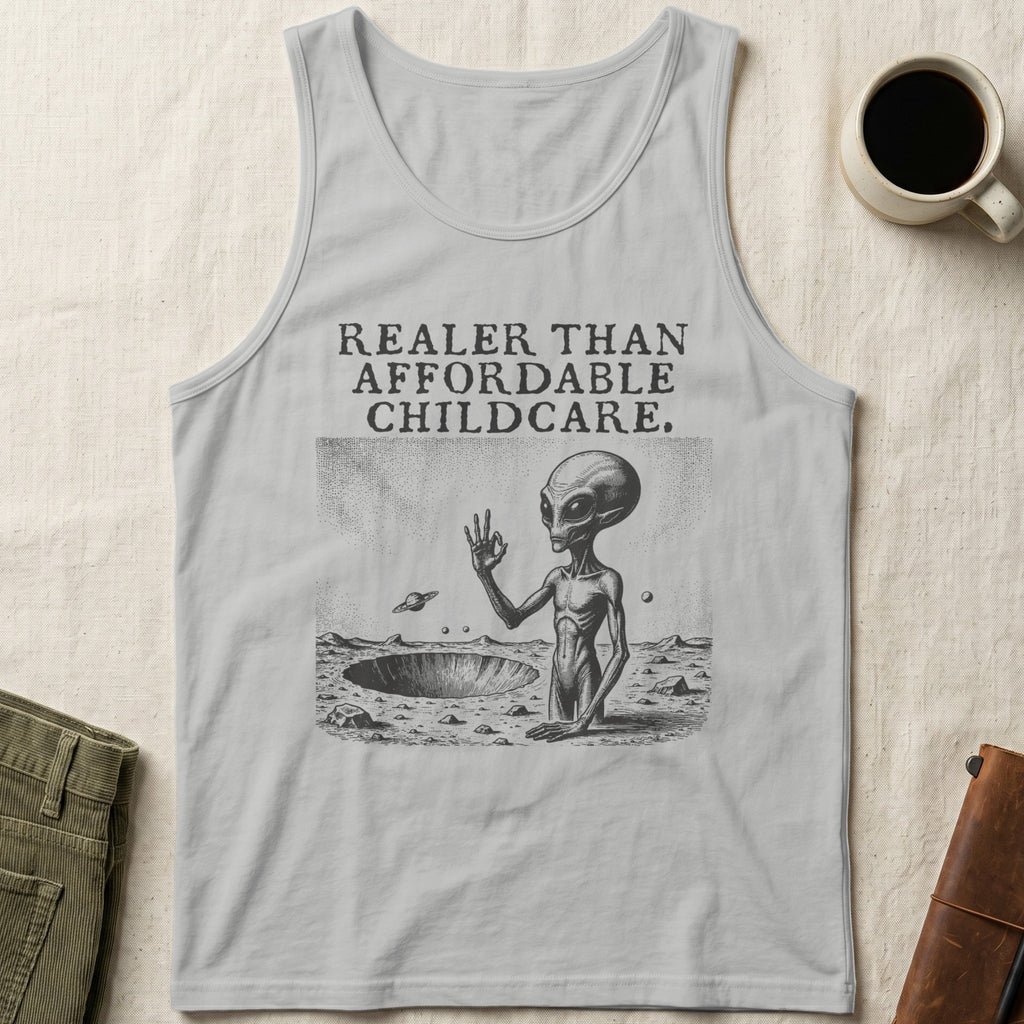 Gray tank top with alien in crater and text "REALER THAN AFFORDABLE CHILDCARE."